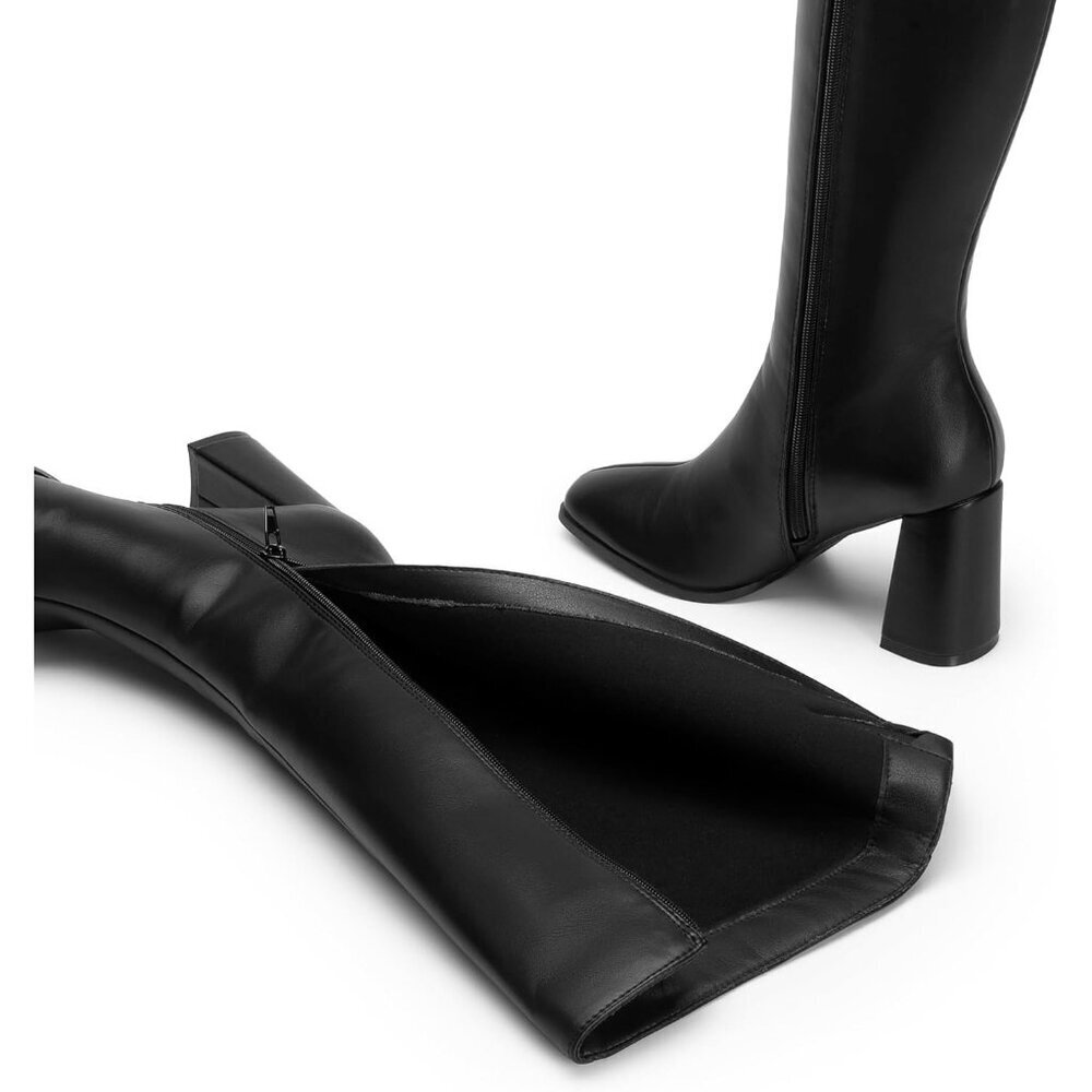Women's Black DREAM PAIRS Knee-High Boots Square Toe Gogo Chunky Heel Side Zip - Picture 6 of 9